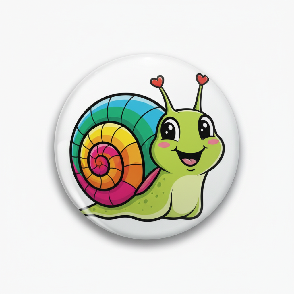 Smiley snail pinback button (2.25-inch) with rainbow spiral shell and red-heart antennae
