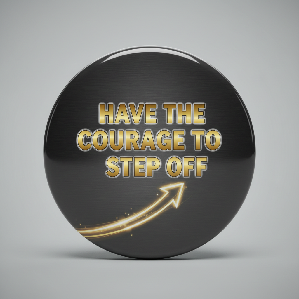 2.25-inch pinback button, black with gold 'Have the courage to step off' and arrow