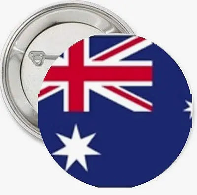 Blue circular flag pinback with union jack and white stars, metal back