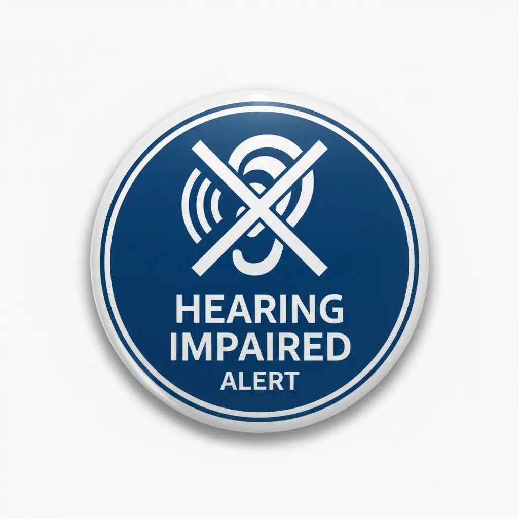 Round hearing impaired alert pinback with blue background, white crossed ear icon, text