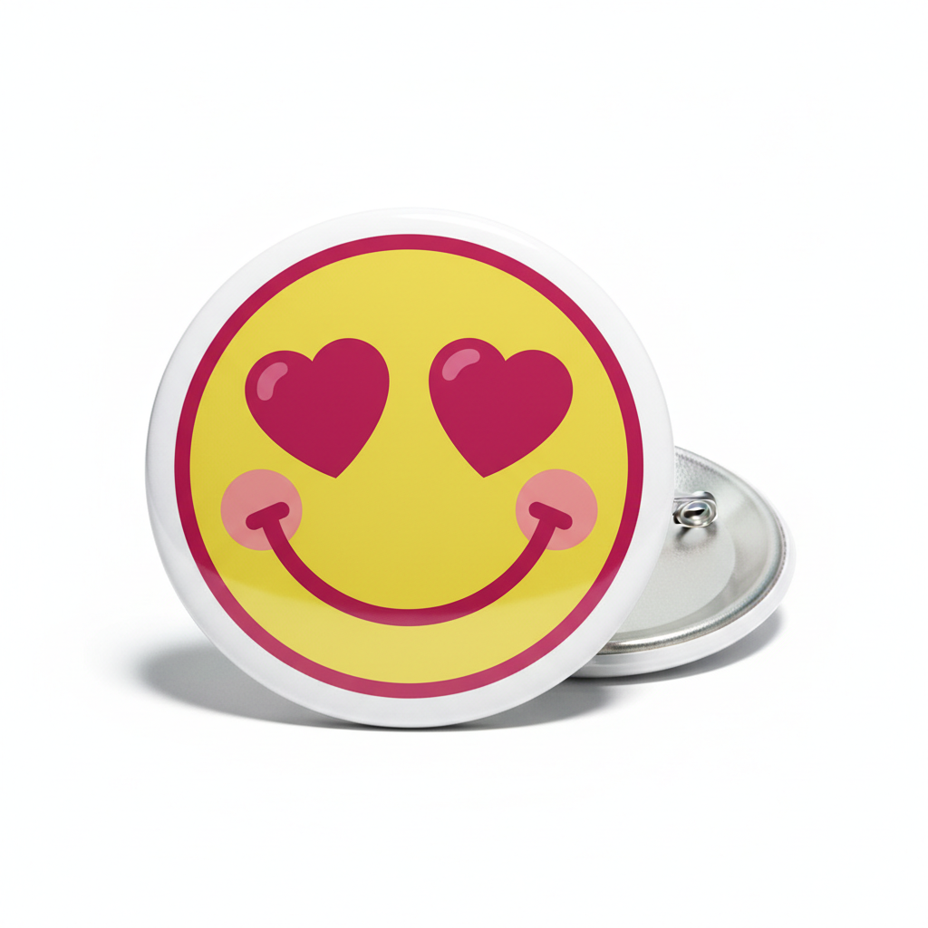 2.25-inch pink heart smiley face pinback button with metal back clasp