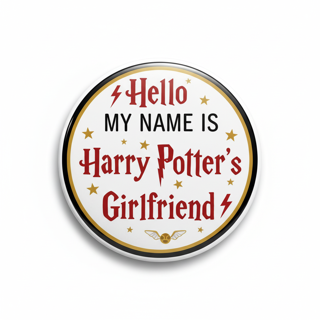 Harry Potter pinback button with Hello My Name Is Harry Potter's Girlfriend text