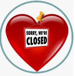 Red heart pinback with black sign reading "SORRY, WE'RE CLOSED" and gold pushpin