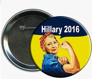 Round Hillary 2016 pinback button with Rosie-style woman in blue flexing fist