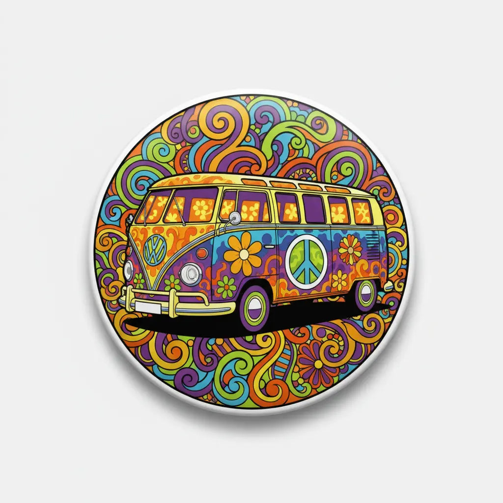Peace-themed hippie bus round enamel pinback badge with colorful swirl border