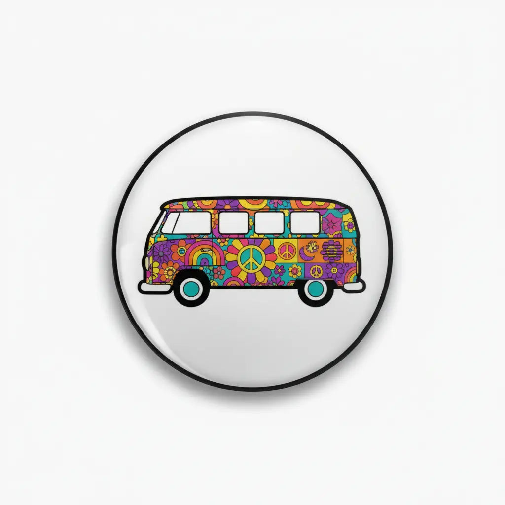 Round 2.25-inch pinback button with colorful hippie bus graphic