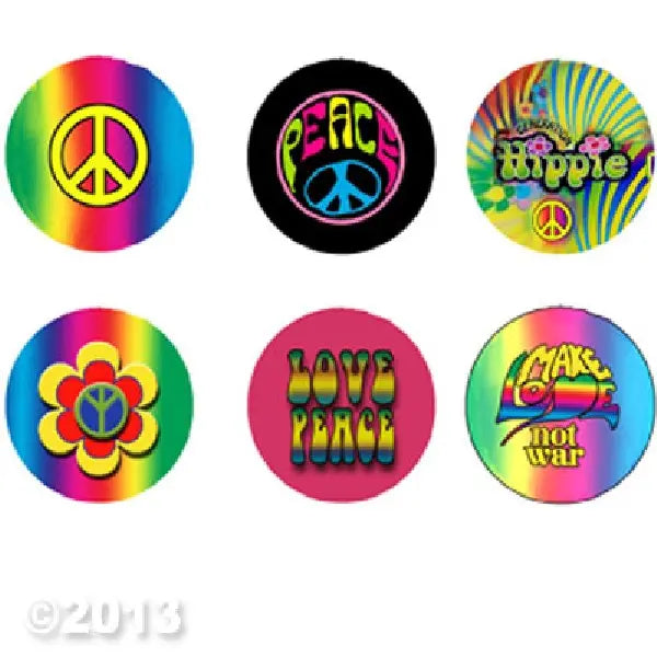 Hippie pinback button set of 6 round peace symbol designs on colorful backgrounds