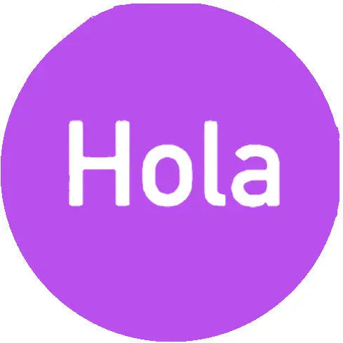 1.25-inch Spanish pinback button, purple with white 'Hola' lettering