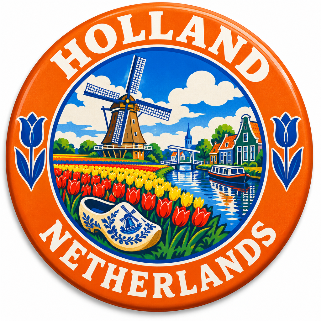 Holland Netherlands Travel Art Badge Pin Button 2.25-inch