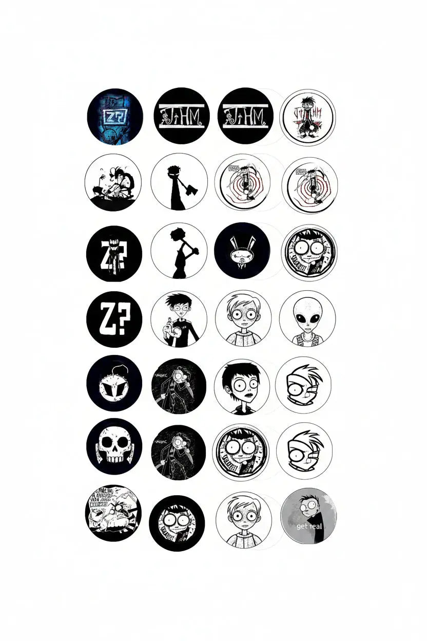 24 round character buttons, 1.25-inch, black-and-white cartoon designs set