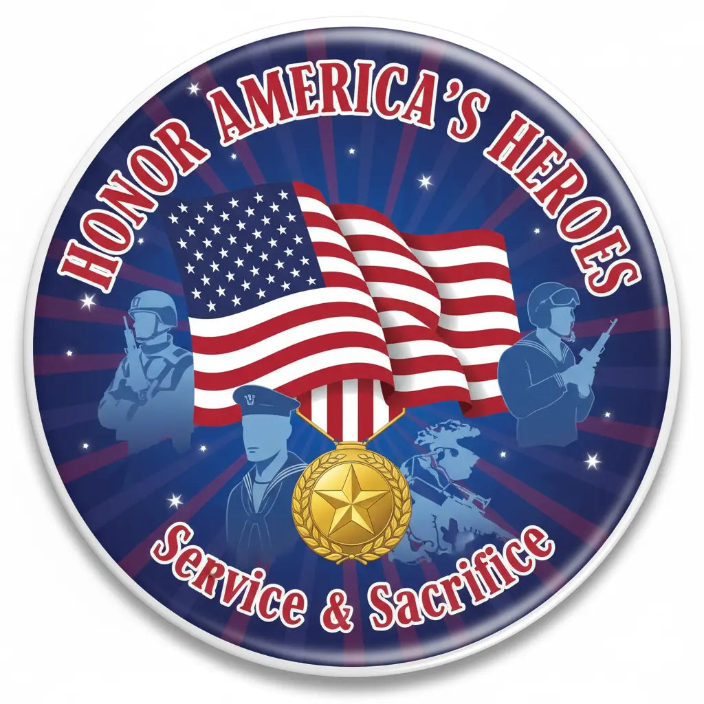 Round pinback button with blue patriotic design, U.S. flag, and “Service & Sacrifice” text
