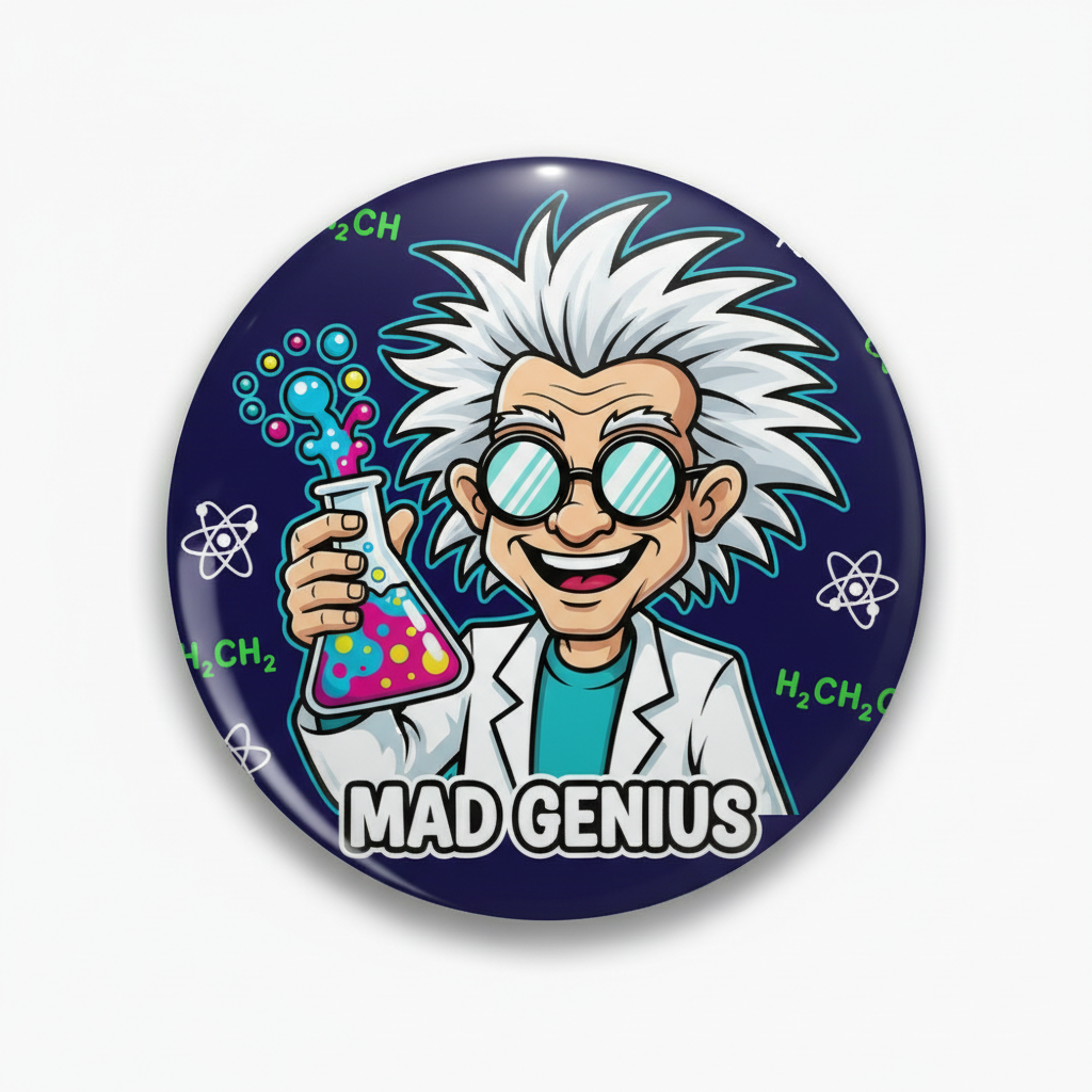 2.25-inch pinback button with cartoon scientist, lab flask and 'MAD GENIUS' text