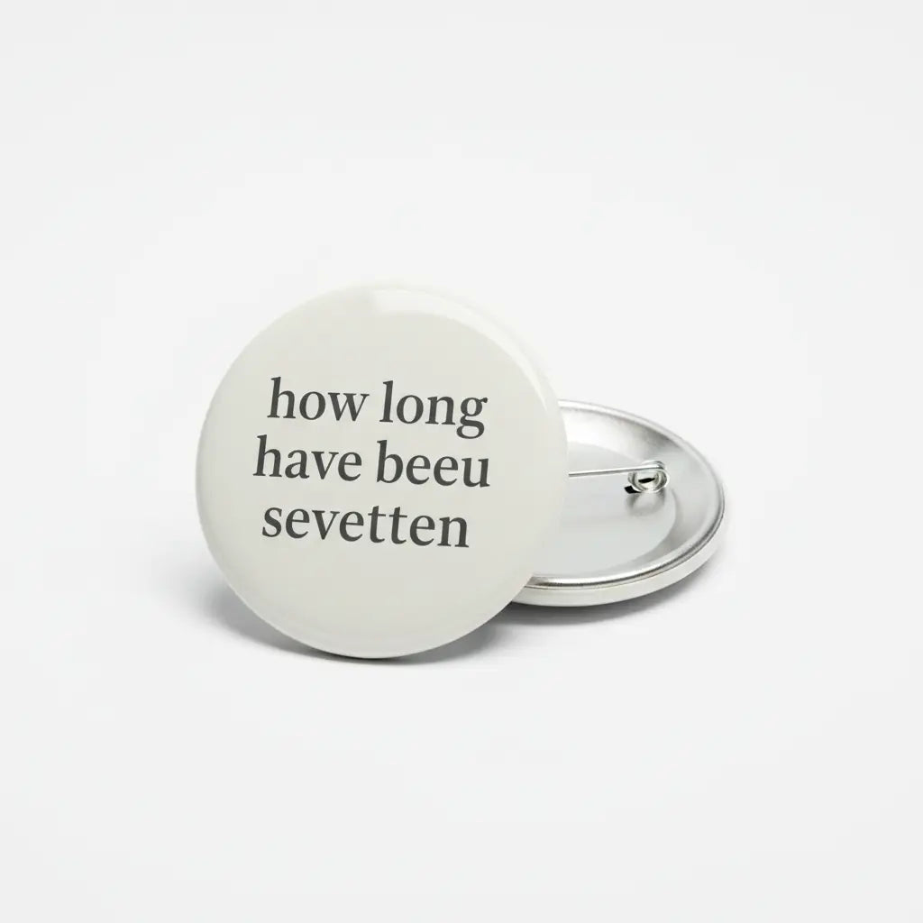 Round white pinback button with black text on front and silver back clasp