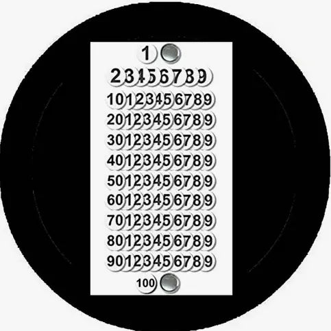 3-inch number pinback set, white card with black digits and metal back, round style