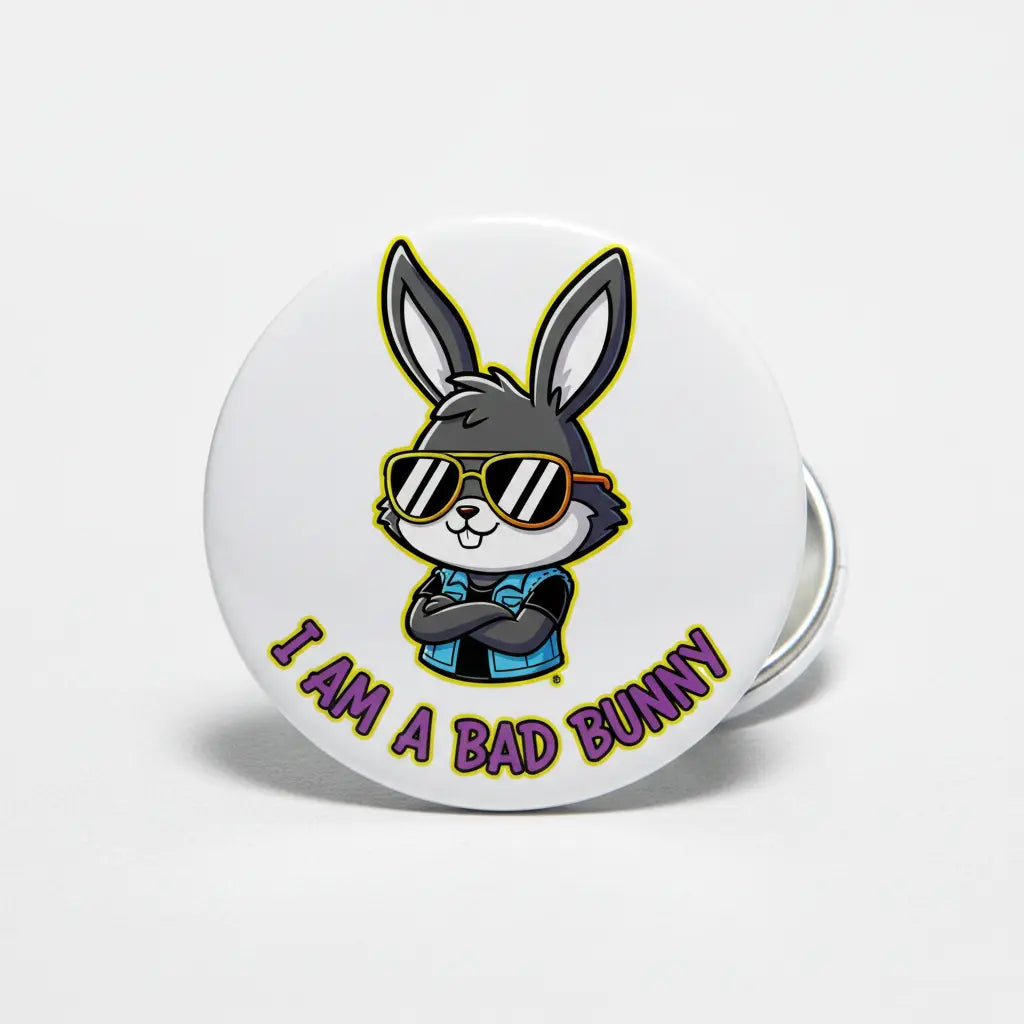 2.25-inch Bad Bunny pinback button with sunglasses bunny and “I AM A BAD BUNNY”