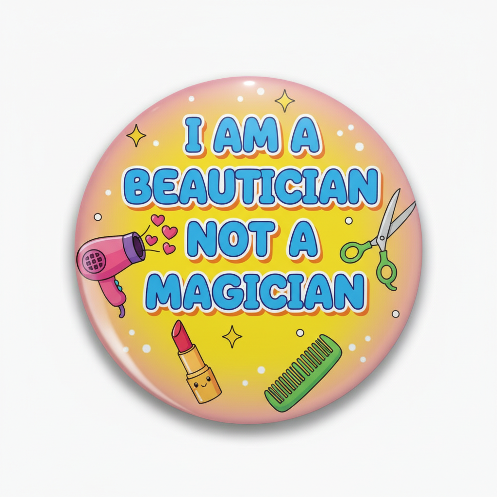 2.25-inch pinback badge with slogan 'Beautician Not a Magician' and beauty icons