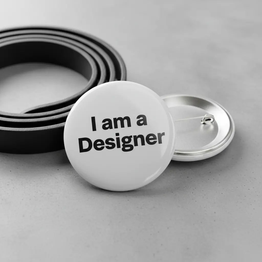 Designer pinback button with white face and black text, silver pin back