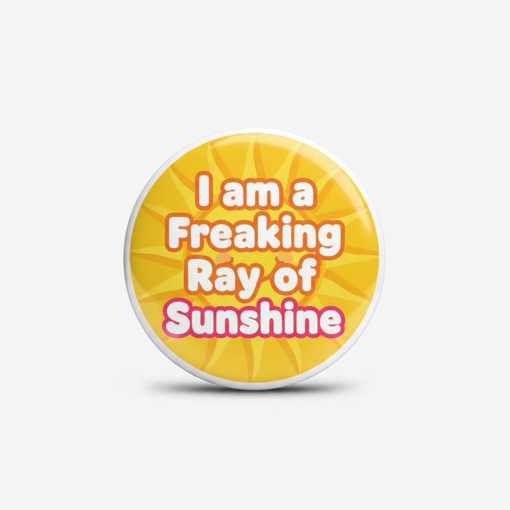 2.25-inch round pinback button, yellow sunray design with "I am a Freaking Ray of Sunshine" text