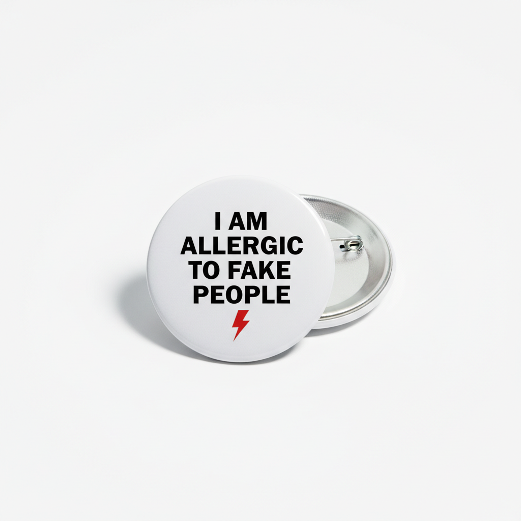 2.25-inch pinback button with 'I AM ALLERGIC TO FAKE PEOPLE' and lightning icon