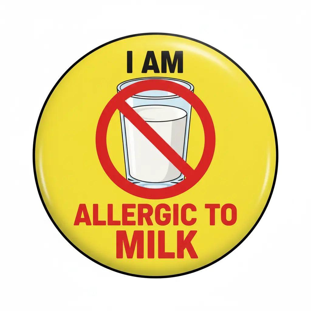 2.25-inch round yellow pinback button: crossed milk glass icon and 'I AM ALLERGIC TO MILK'.