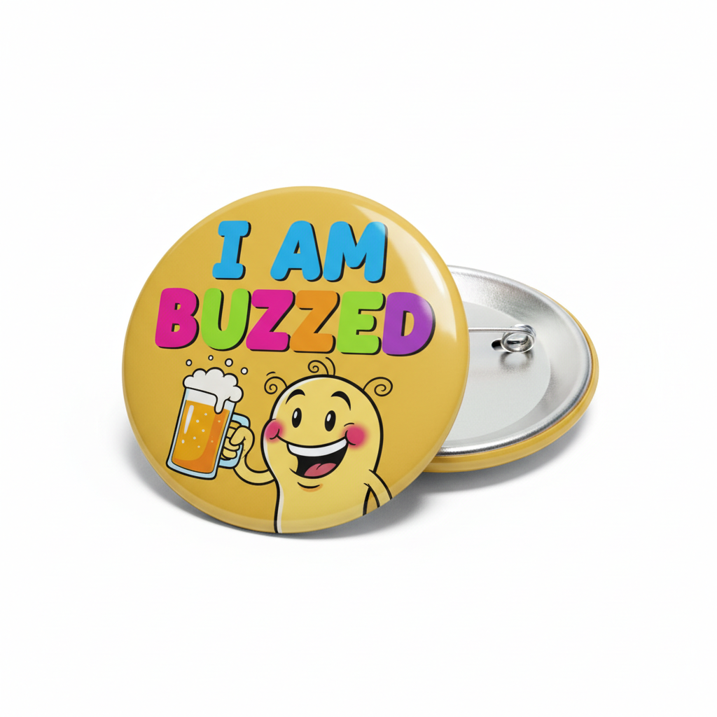 I am Buzzed button pin with yellow background, colorful text, beer mug cartoon, metal backing