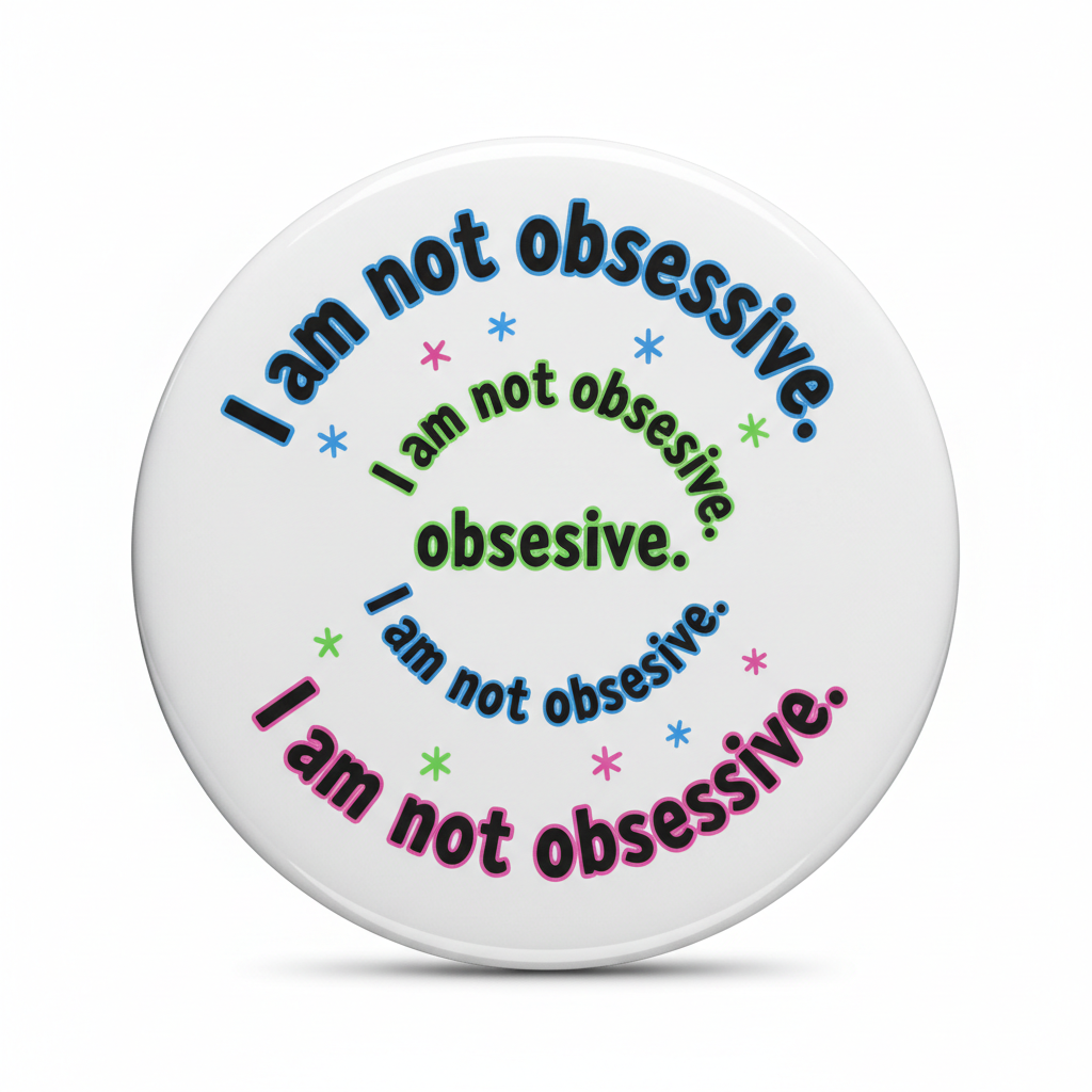 Round pinback button featuring multicolor text pattern with “I am not obsessive”