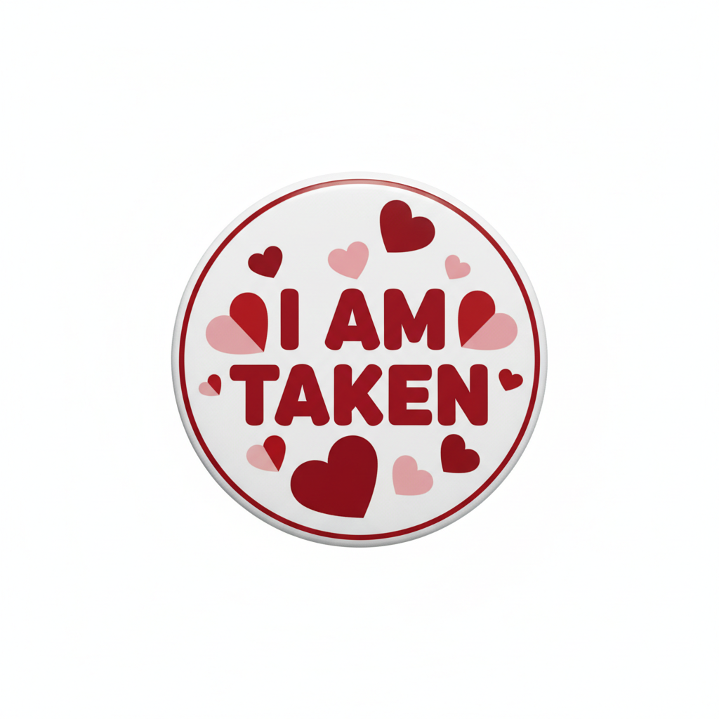 2.25-inch pinback button: red "I AM TAKEN" hearts design
