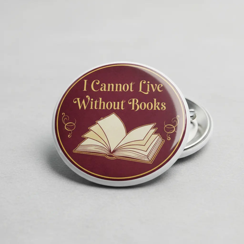 Maroon books quote pinback button with open book graphic, round 2.25-inch size
