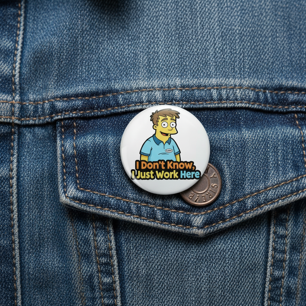 Round cartoon pinback button with smiling man and “I Don’t Know, Just Work Here”