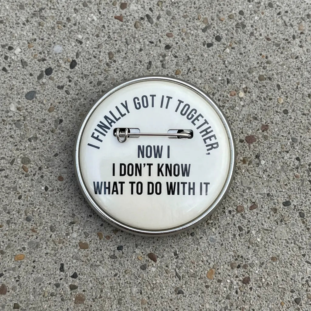 2.25-inch pinback button with safety pin and bold quote text, round silver border