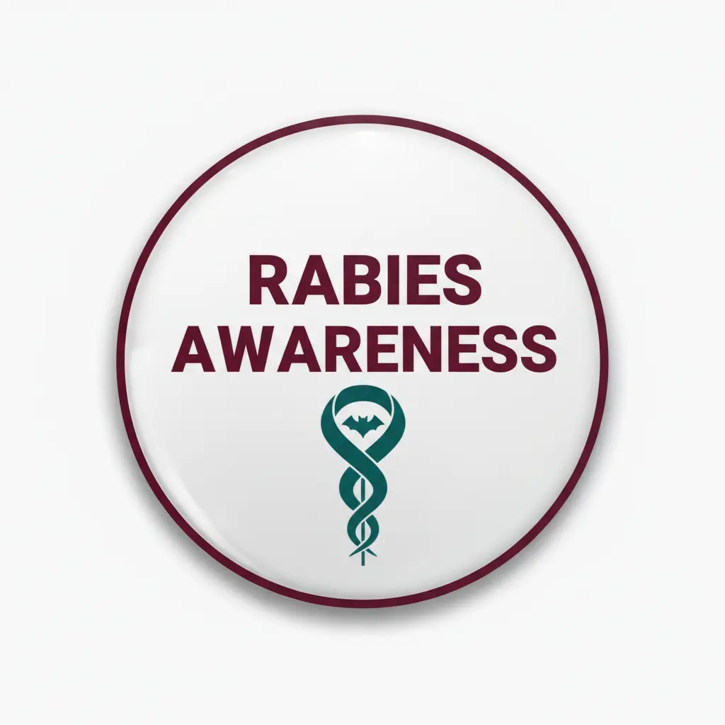 Round rabies awareness pinback button with maroon border, white face, and green caduceus
