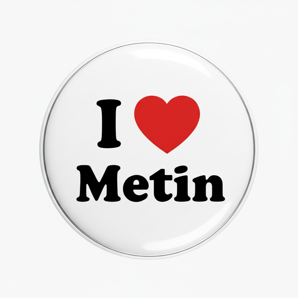 2.25-inch pinback button with red heart and black 'I Love Metin' text