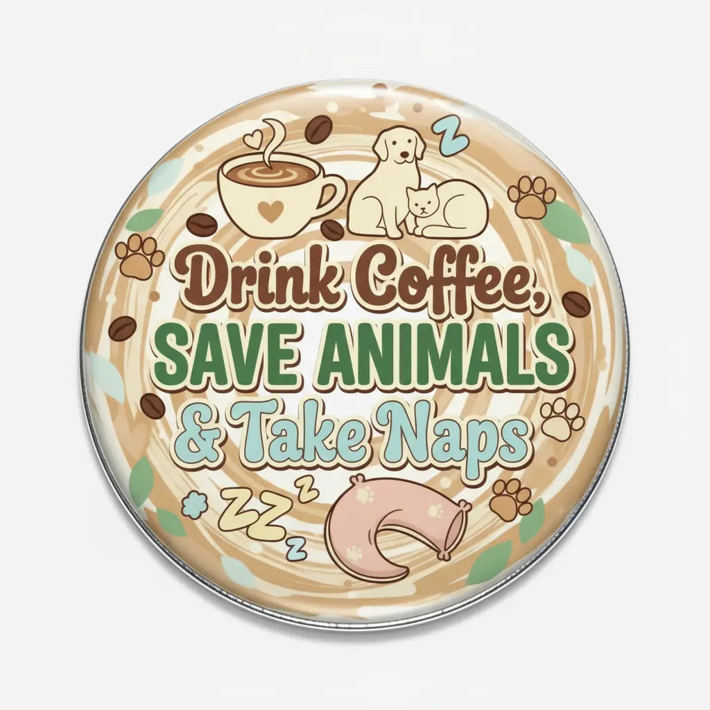 Coffee-themed pinback button with “Drink Coffee, Save Animals & Take Naps” text and icons
