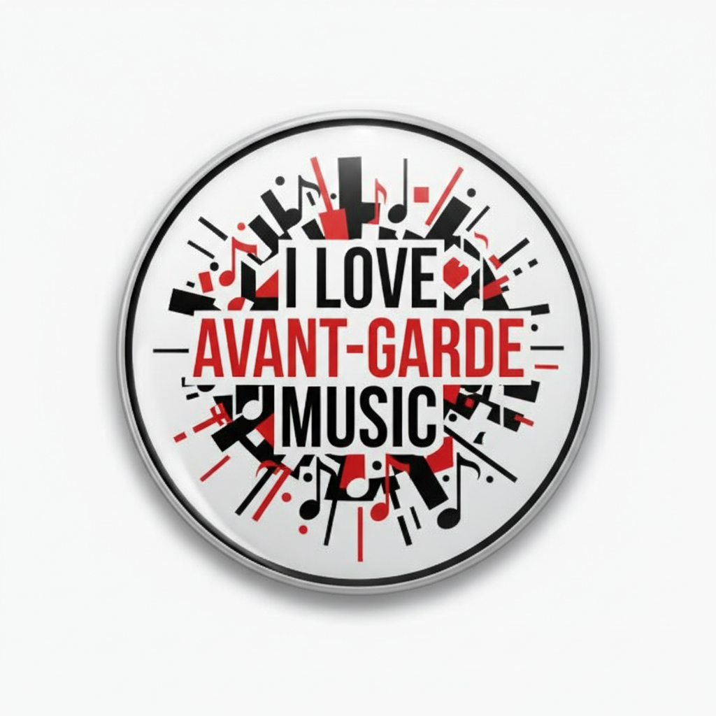 Circular pinback button with 'LOVE AVANT-GARDE MUSIC' and red musical icons