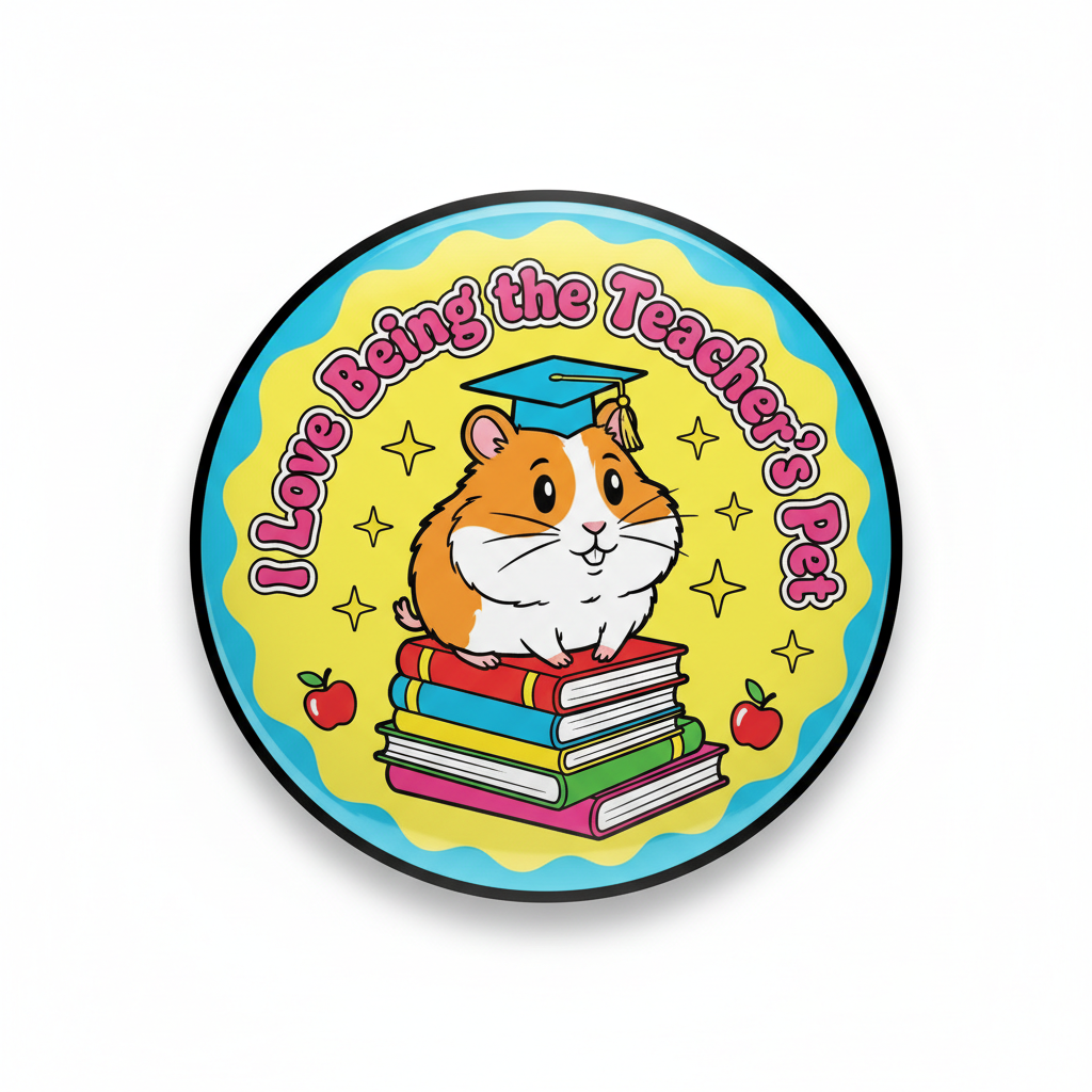 Teacher's pet lapel pin, round blue frame with cartoon cat in cap holding books
