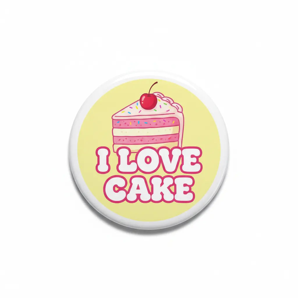 Round pinback button with yellow background, pink “I LOVE CAKE” text and cake with cherry.