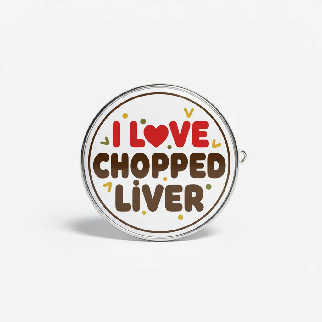 Round pinback button with heart and 'I Love Chopped Liver' text, 2.25-inch