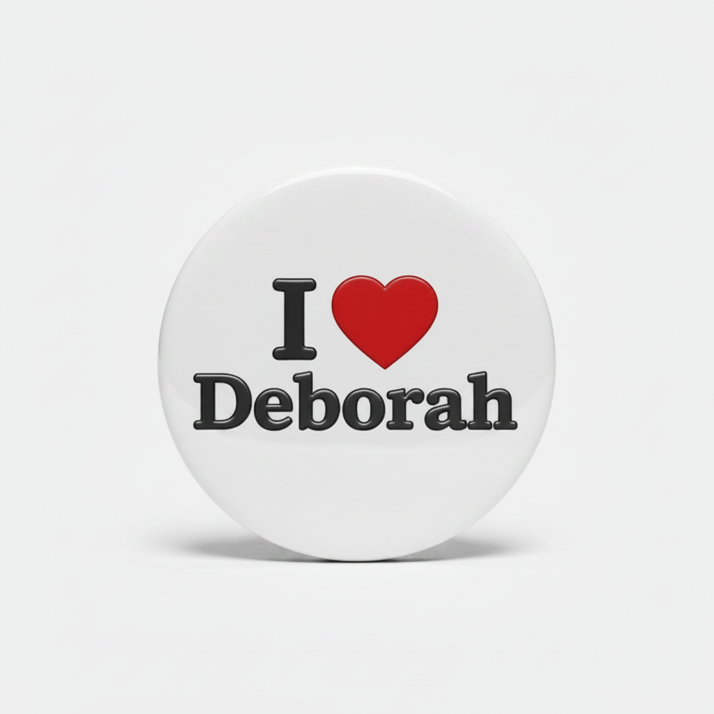 2.25-inch pinback button with red heart and I Love Deborah text