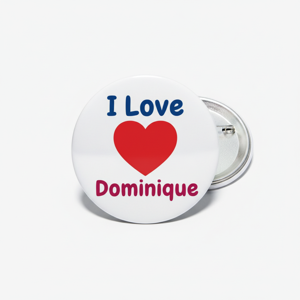 Round pinback button: white face with “I Love Dominique” and red heart, silver back