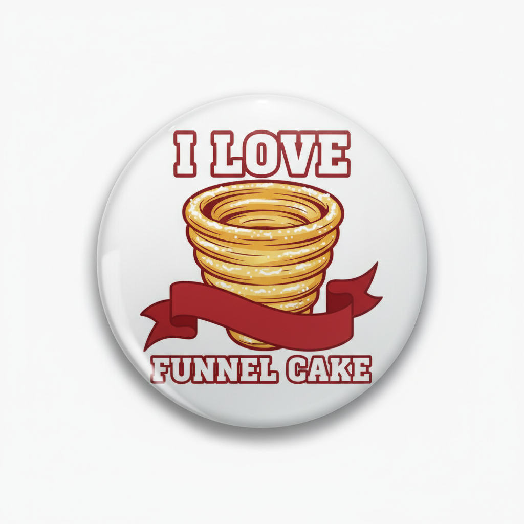 Round funnel cake pinback button with red "I LOVE", funnel cake art, and "FUNNEL CAKE" ribbon