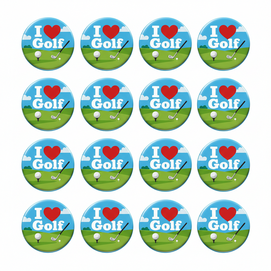 A sheet of 20 round golf-themed stickers arranged in a grid. Each sticker features a blue sky background with white clouds, a red heart, the words 'I ♥ Golf' in white, and a green golf course scene with a golf ball, tee, and clubs.