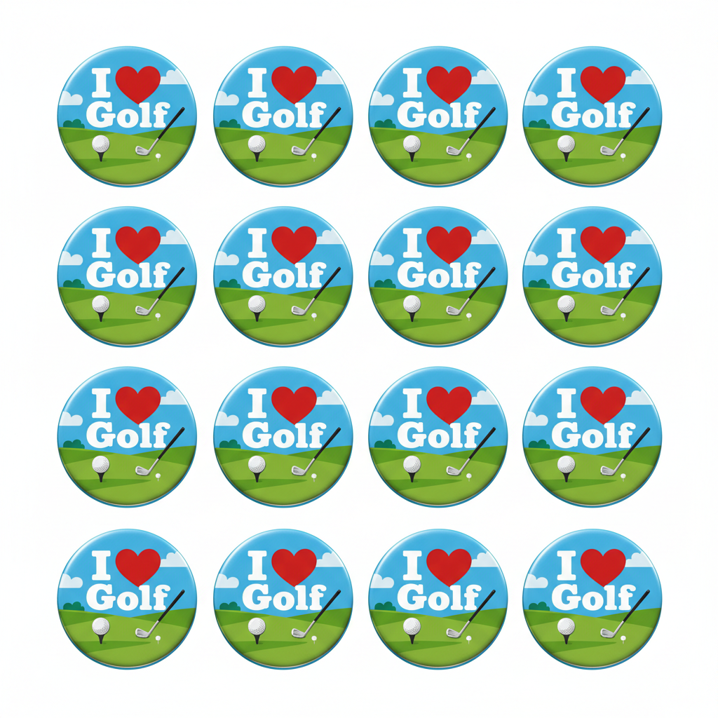 A sheet of 20 round golf-themed stickers arranged in a grid. Each sticker features a blue sky background with white clouds, a red heart, the words 'I ♥ Golf' in white, and a green golf course scene with a golf ball, tee, and clubs.