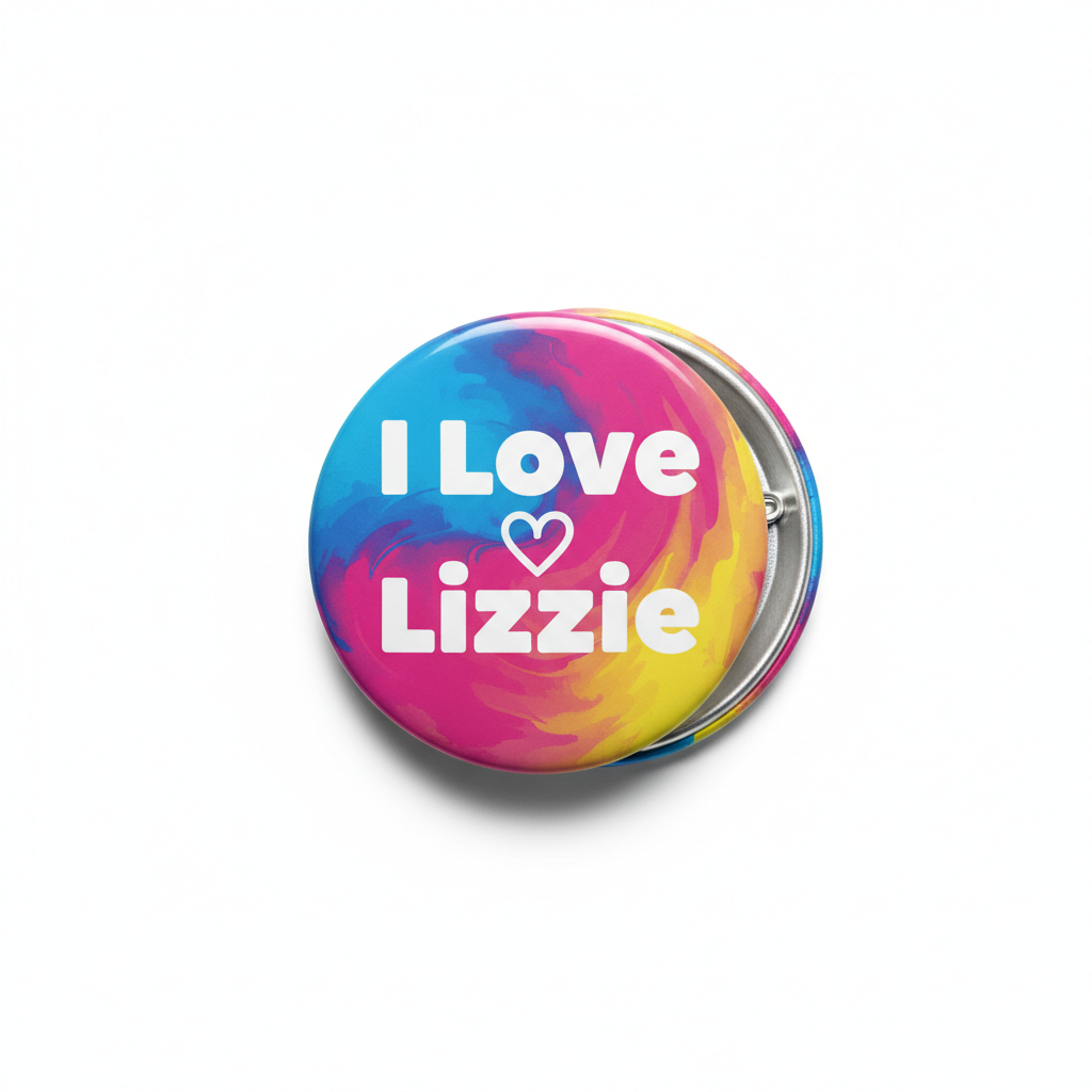 2.25-inch pinback button with colorful heart and "I Love Lizzie" text