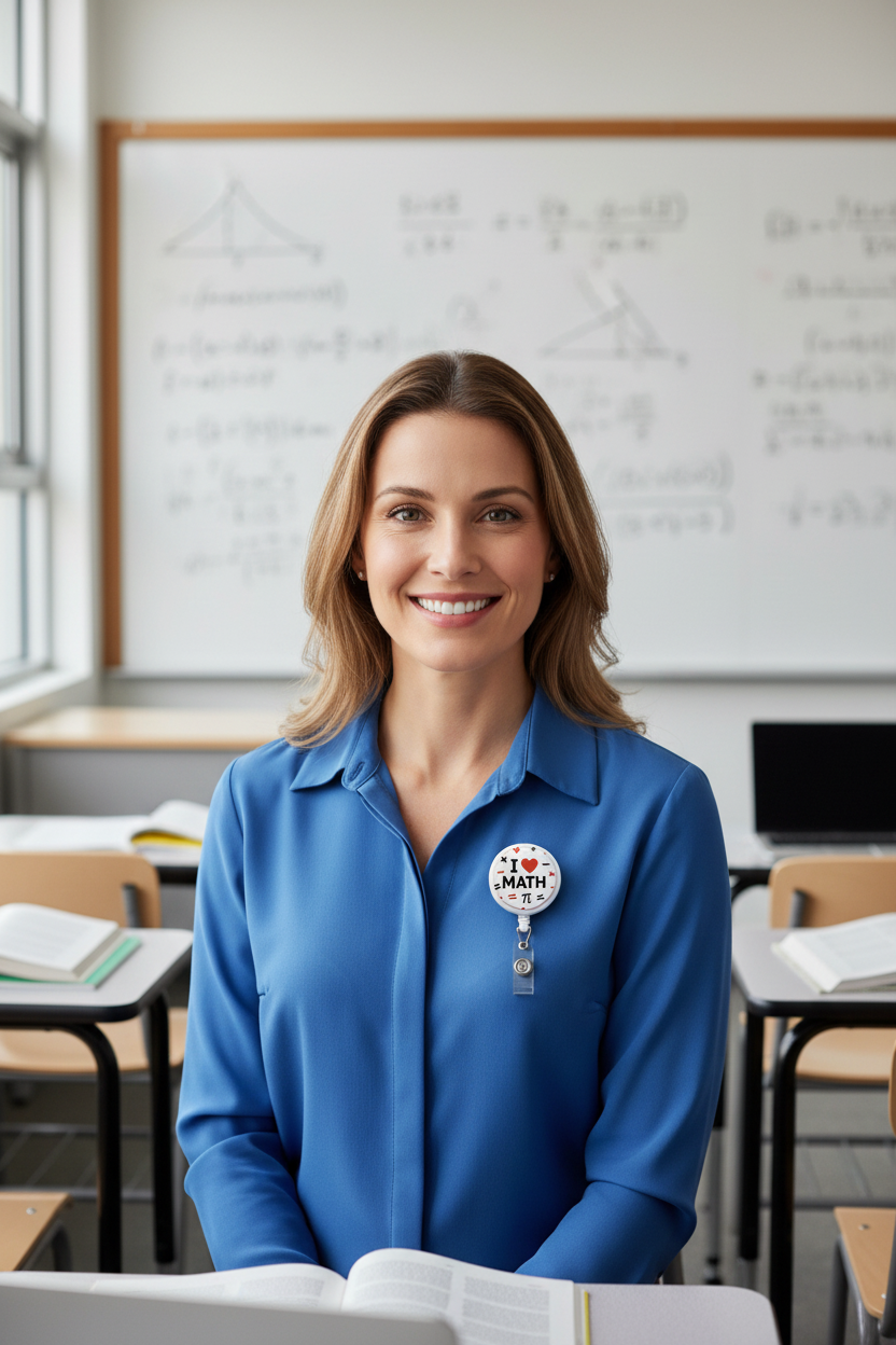 Blue polo shirt with round 'I ♥ MATH' badge and retractable reel
