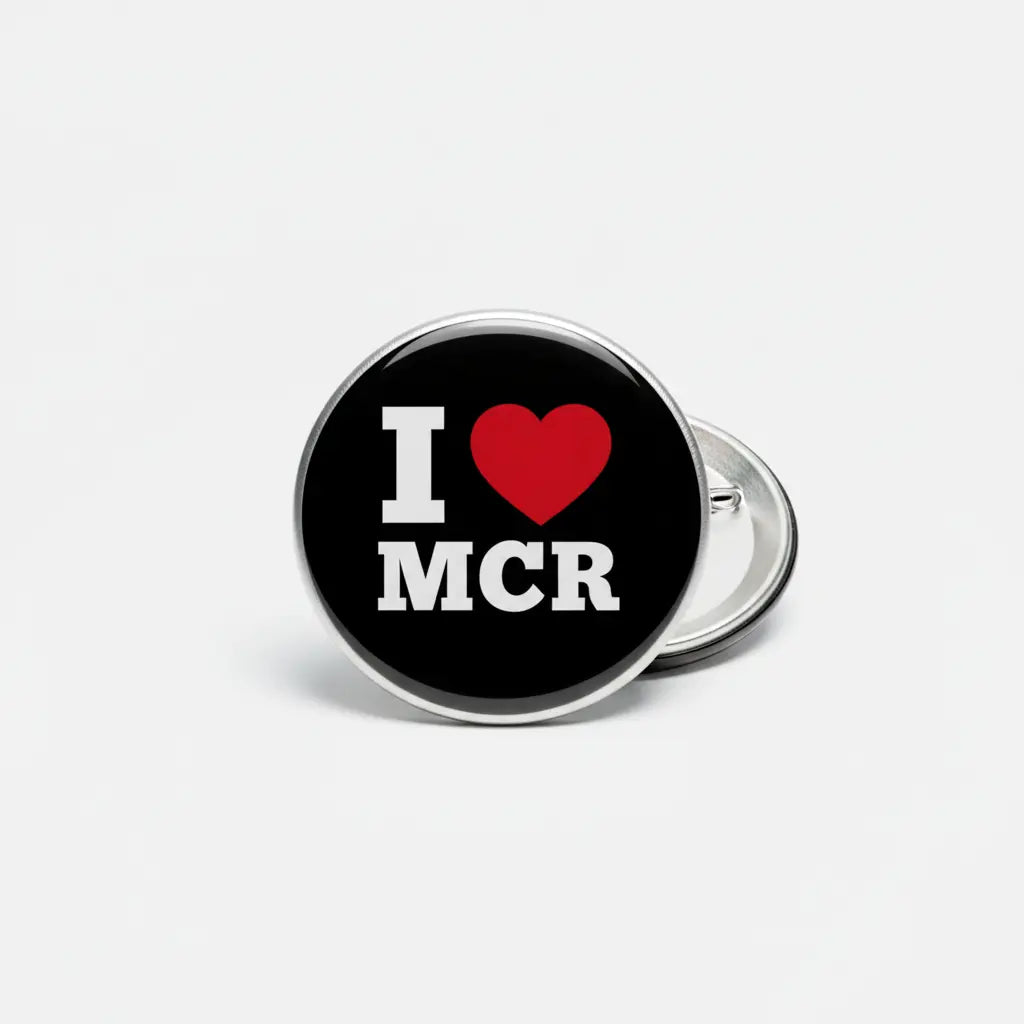 2.25-inch pinback button with black face, “I ♥ MCR” text and red heart