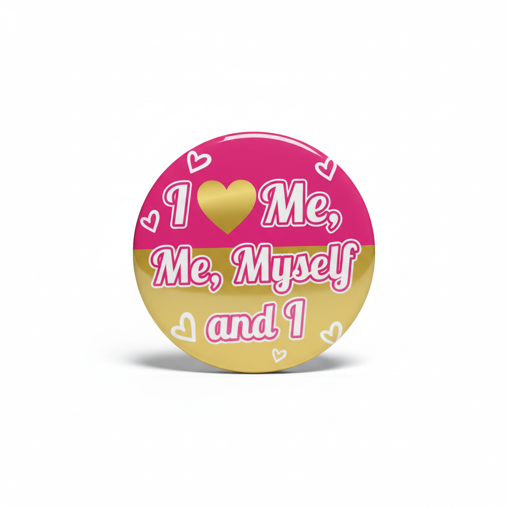2.25-inch round pinback button, pink and gold with “I Me Myself and I” text and hearts