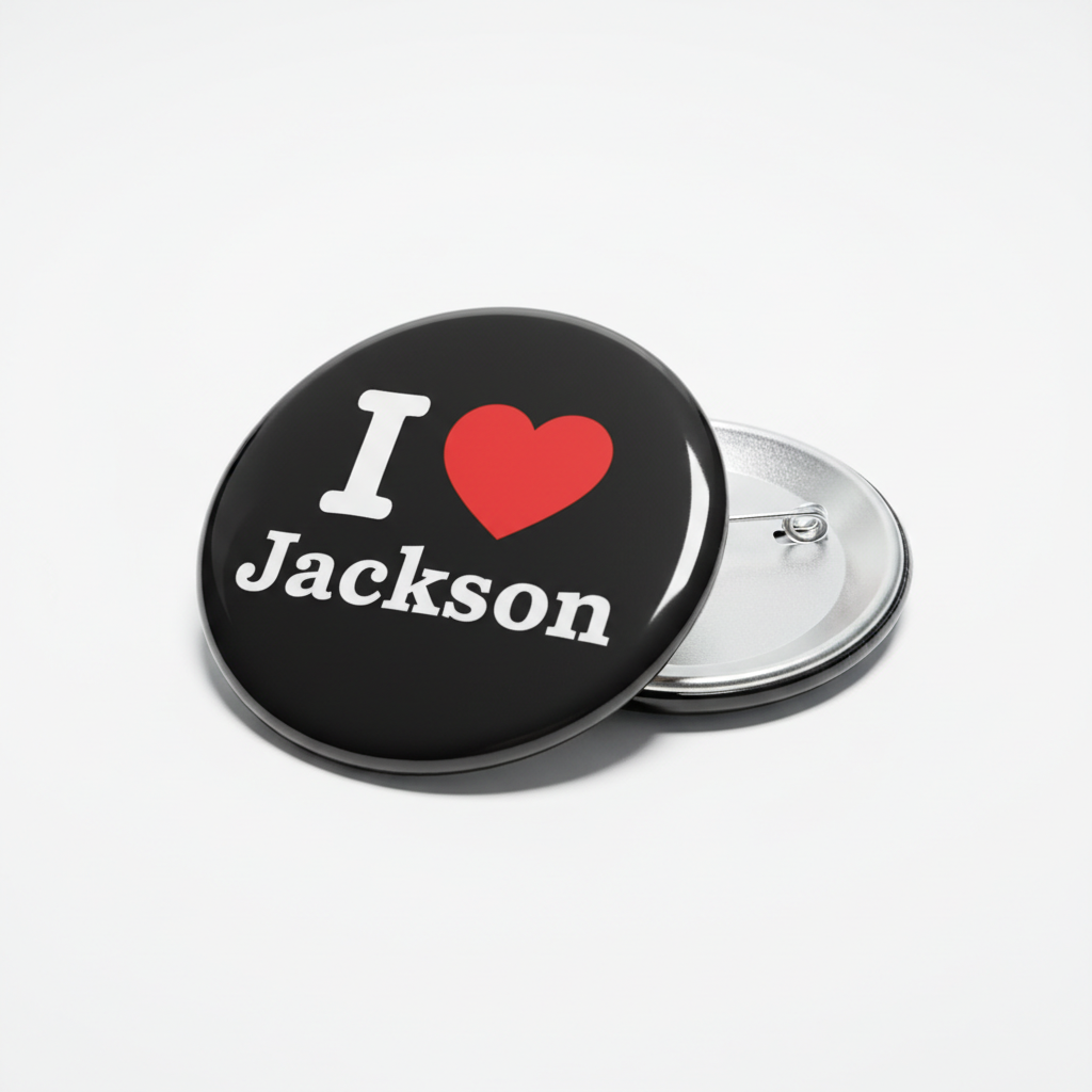 Round black pinback button with red heart and 'I Love Jackson' text