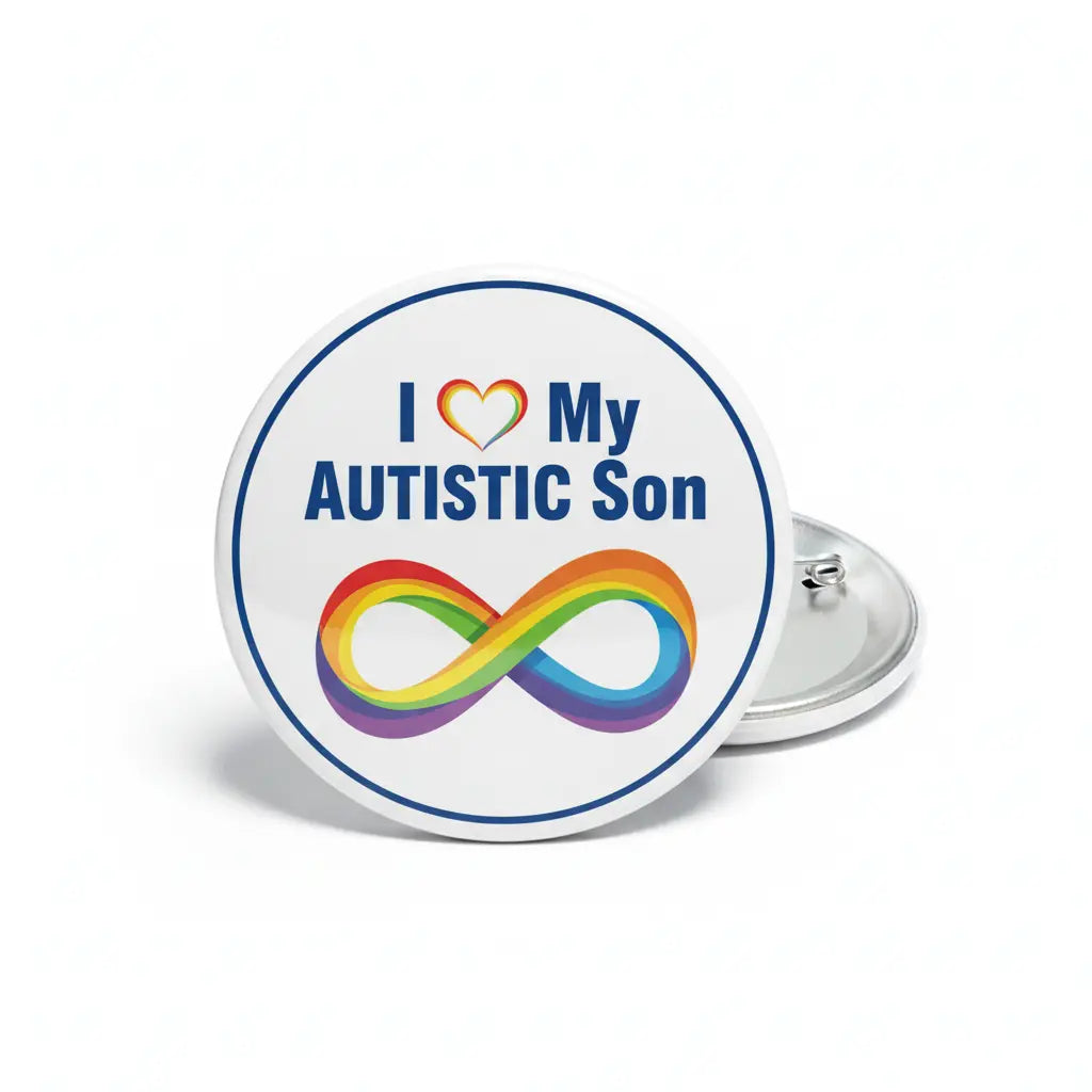 Circular pinback button with blue border, rainbow infinity heart, and text