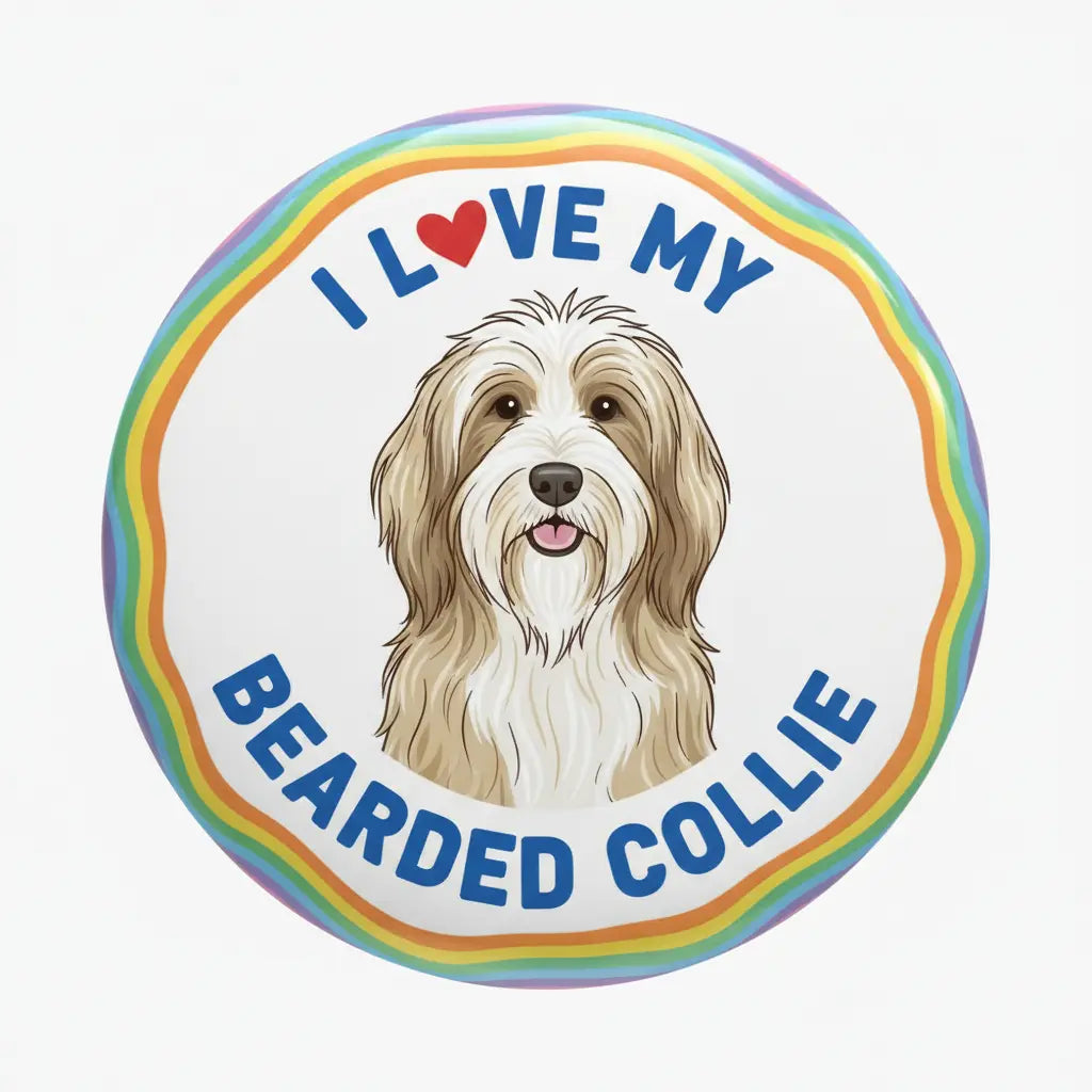 Round pinback button with bearded collie illustration and text “I LOVE MY BEARDED COLLIE”