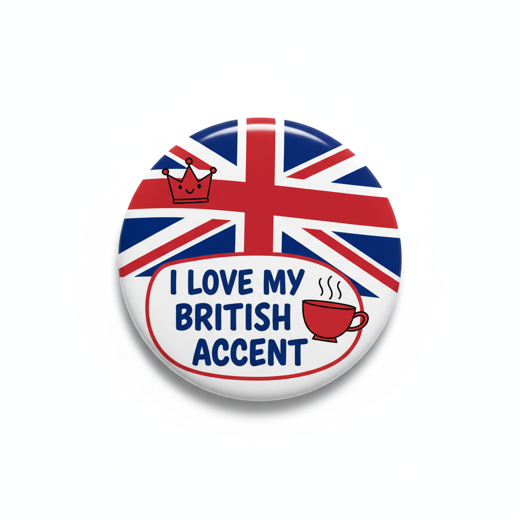 Round Union Jack British accent pinback badge with 'I LOVE MY BRITISH ACCENT' lettering